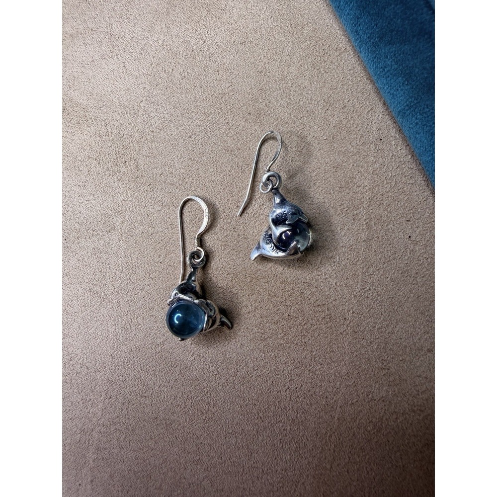 Vintage 925 Silver Jelly Belly Dolphin Dangle Earrings Signed ALIC 94